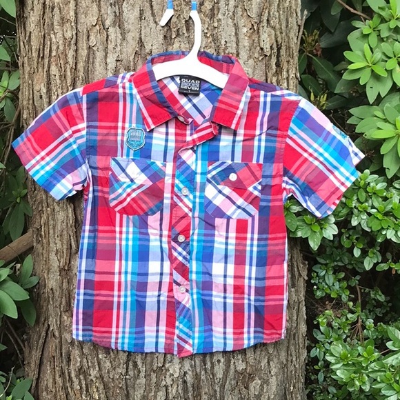 Quad Seven Boys Plaid Short Sleeves Button Up Down Shirt Red Blue Pockets Collar - Picture 2 of 10